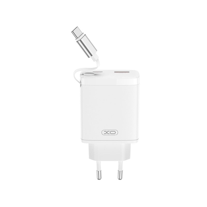 XO Wall Charger CE31 (1xUSB-A, 1x USB-C) 30W - Φορτιστής Ταχείας Φόρτισης Τοίχου Ταξιδίου με αναδιπλούμενο καλώδιο