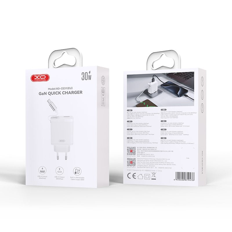 XO Wall Charger CE31 (1xUSB-A, 1x USB-C) 30W - Φορτιστής Ταχείας Φόρτισης Τοίχου Ταξιδίου με αναδιπλούμενο καλώδιο