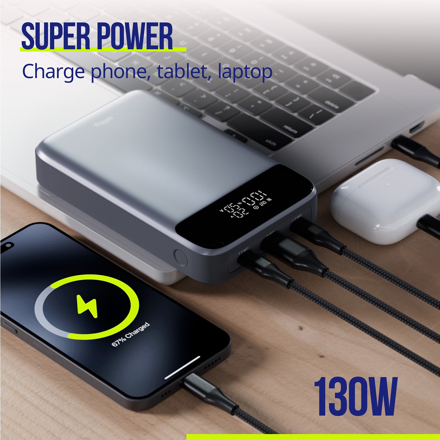 Φορητός φορτιστής Allity APB-200 PD για laptop QC 130W 19200 mAh γκρι