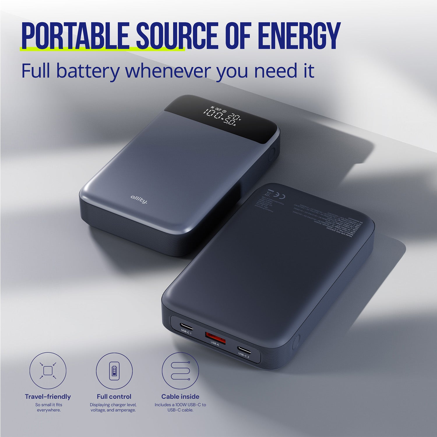 Φορητός φορτιστής Allity APB-200 PD για laptop QC 130W 19200 mAh γκρι