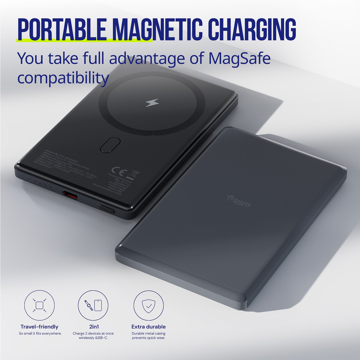 Allity ασύρματο power bank APB-300 PD QC 20W 5000 mAh μαγνητικό γκρι