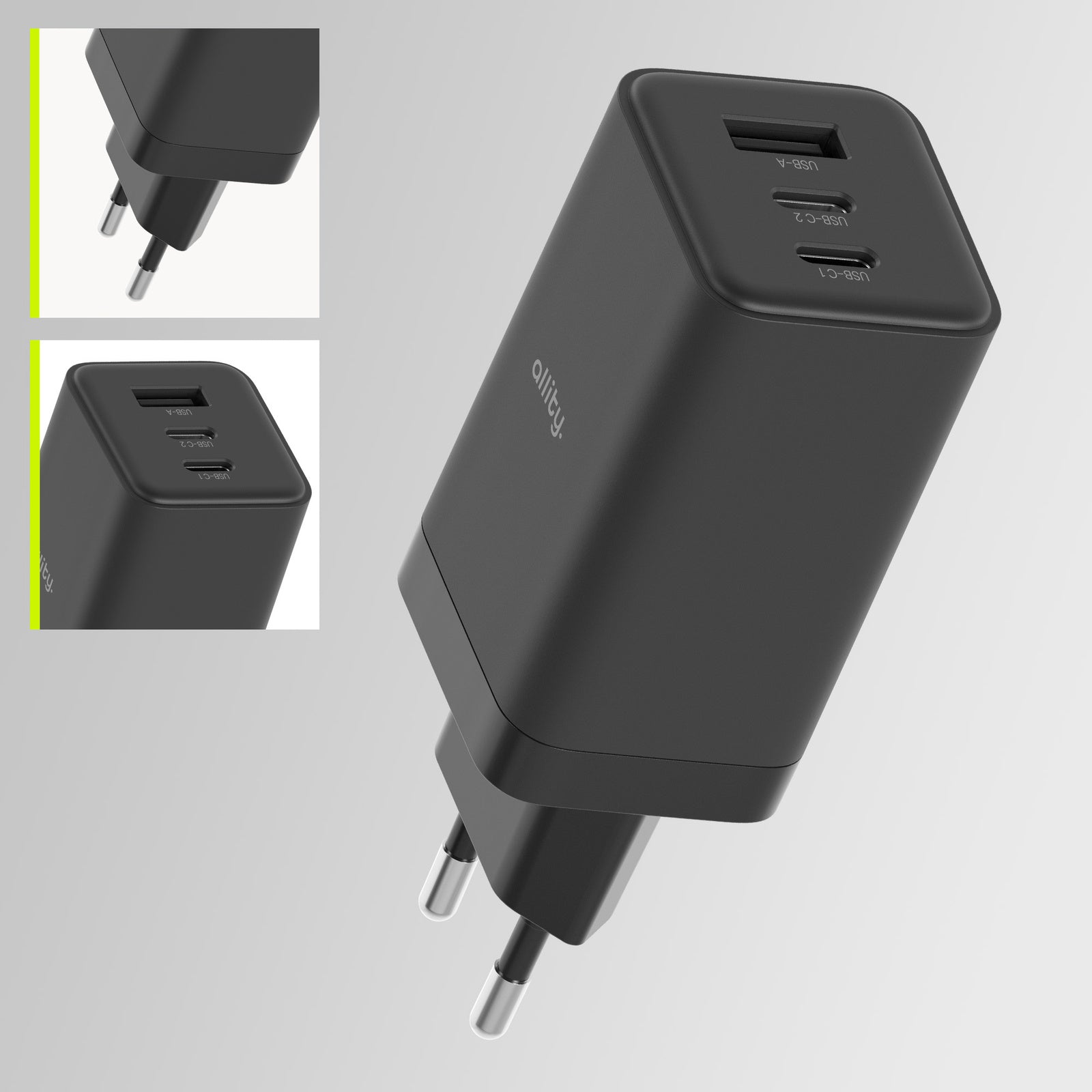 Φορτιστής τοίχου Allity GaN PD QC ATC-01-65WACC 2x USB-c 1x USB-a 65W μαύρος