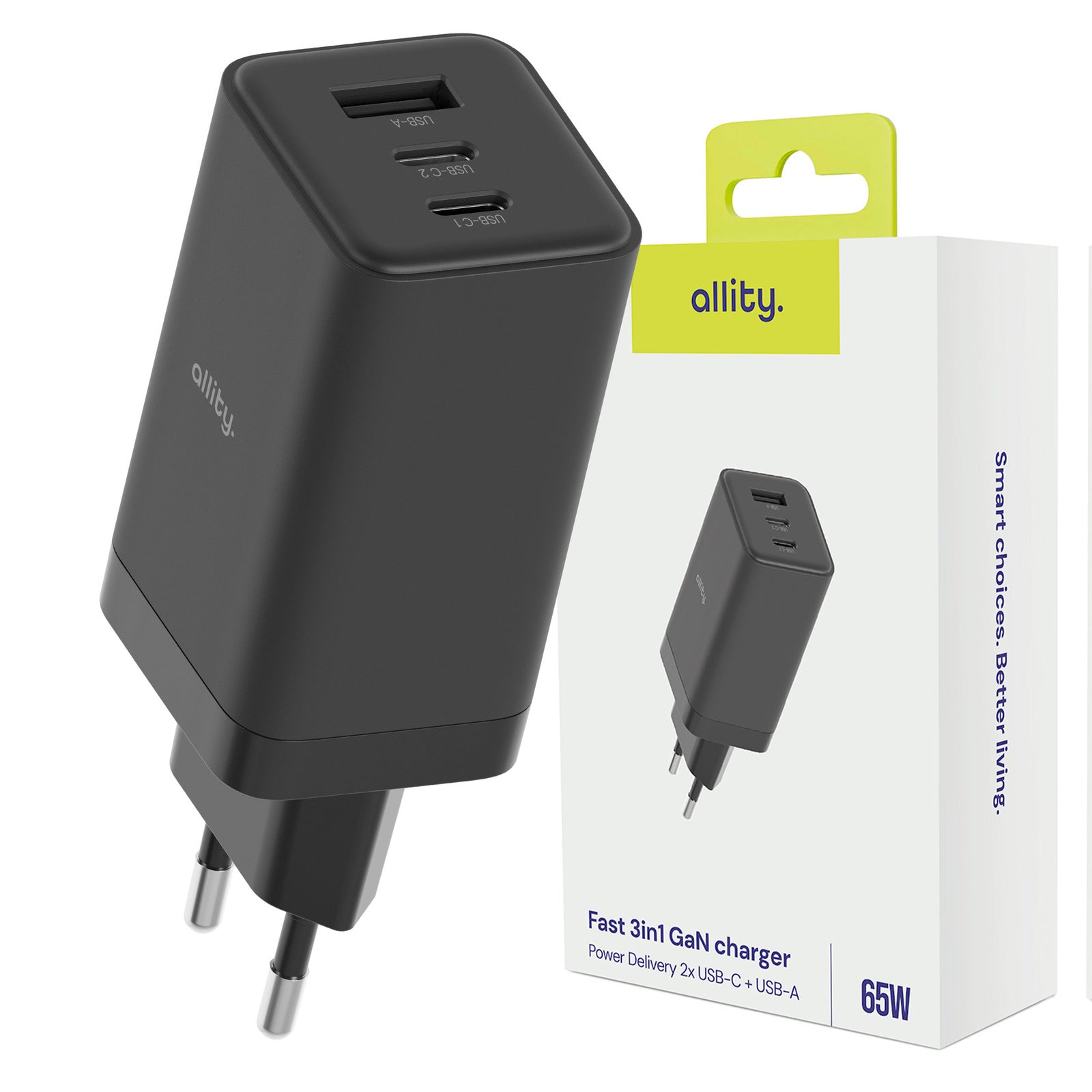 Φορτιστής τοίχου Allity GaN PD QC ATC-01-65WACC 2x USB-c 1x USB-a 65W μαύρος
