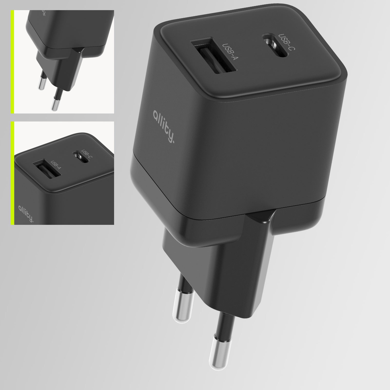 Φορτιστής τοίχου Allity GaN PD QC ATC-01-30WAC 1x USB-c 1x USB-a 30W μαύρος