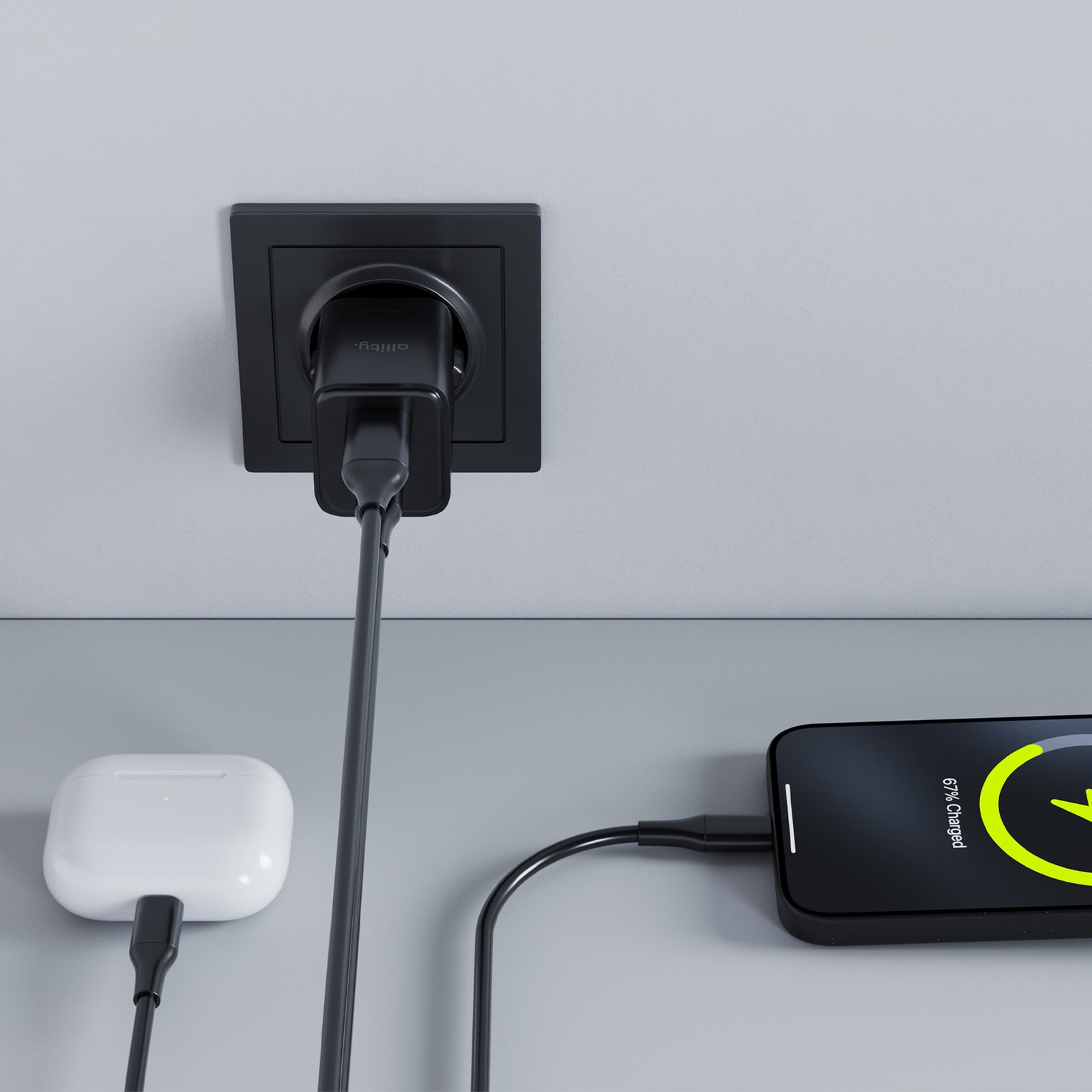 Φορτιστής τοίχου Allity GaN PD QC ATC-01-20WAC 1x USB-c 1x USB-a 20W μαύρος