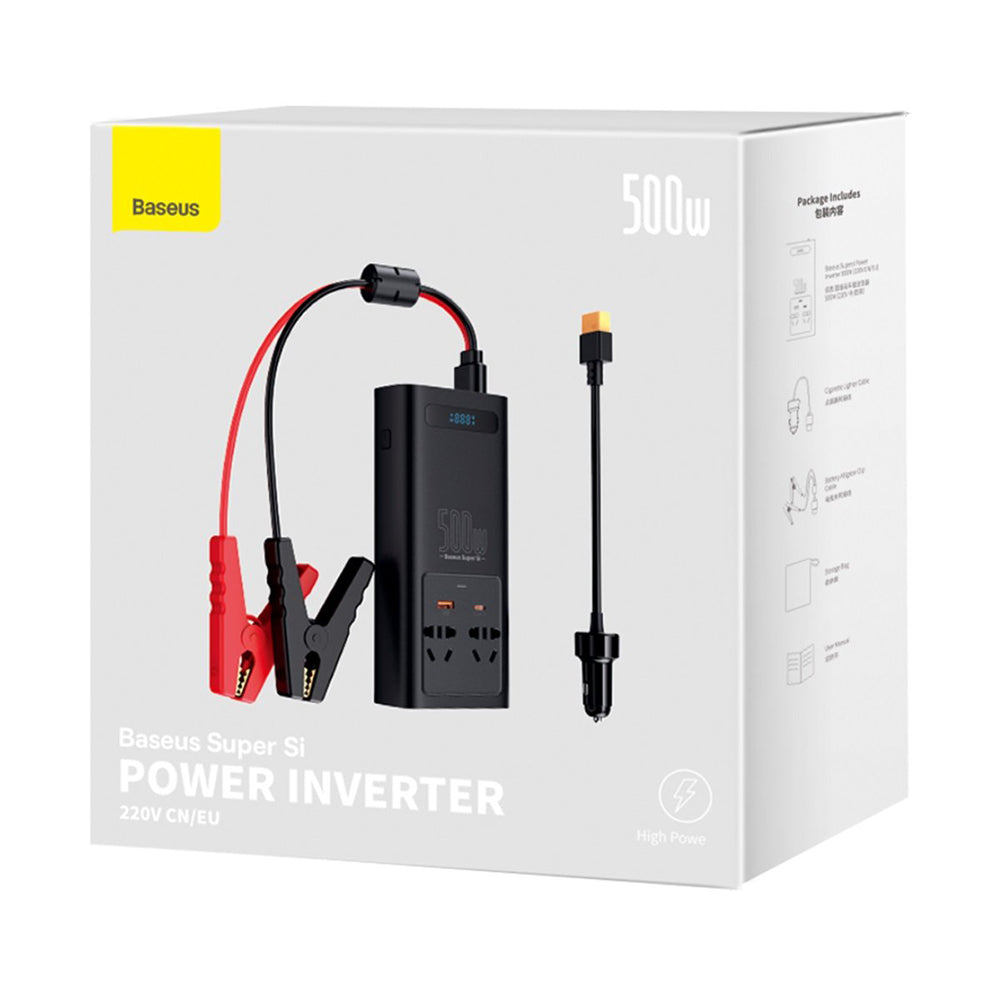 Baseus - In-Car Inverter (CGNB000101) - USB, Type-C, CN/EU Plug, 150W/12V, 500W/220V, with Car Clamps and 12V Cable - Black