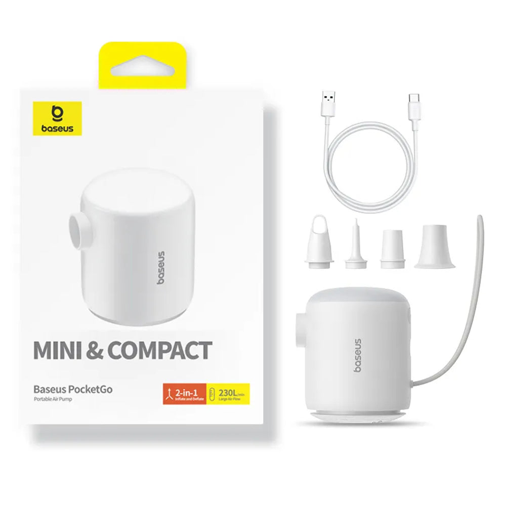 Baseus - Air Pump PocketGo (C11157700221-00) - Portable, Rechargeable, Multifunctional, LED Light, 230l/min, 3.5kPa - White