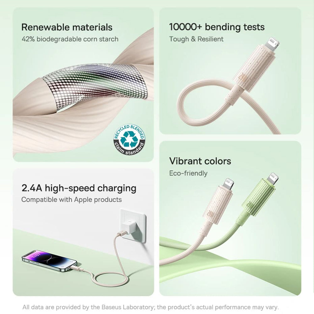 Baseus - Data Cable Habitat Series (P10360200631-01) - USB to Lightning, 480Mbps, 2.4A, 2m - Natural Green
