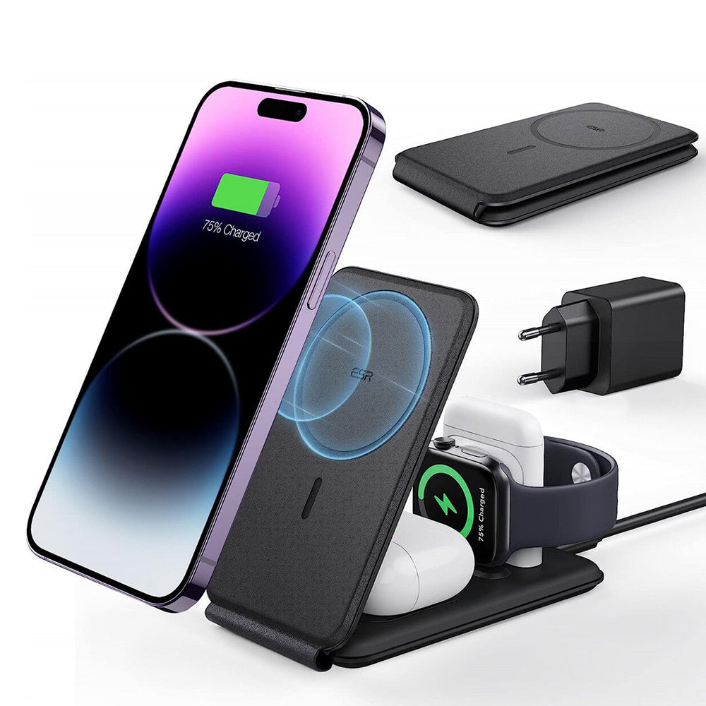 ESR - Premium 3in1 Travel Wireless Charging Set (2C569A) - for iPhone, MFi Apple Watch, AirPods, Qi2 15W - Black