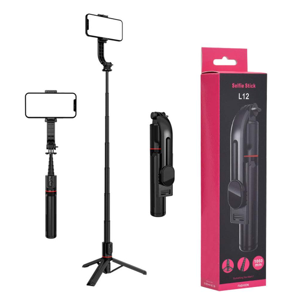 Techsuit - Selfie Stick (L12) - Stable Aluminum Tripod Foldable and Portable with Wireless Remote Control, 106cm - Black