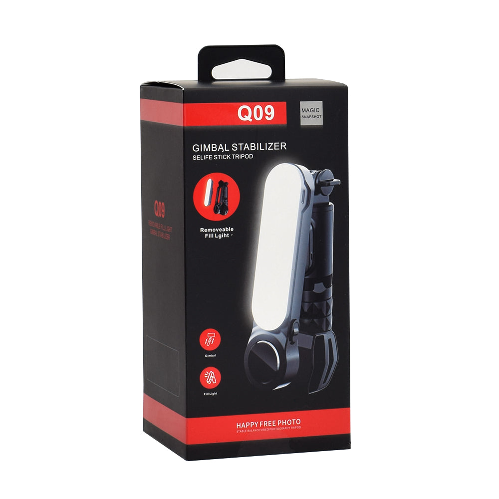 Techsuit - Gimbal Mini Selfie Stick (Q09) - Stabilizer Tripod with LED Light and Bluetooth Remote Control, 70cm - Black