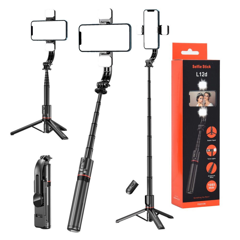 Techsuit - Selfie Stick (L12D) - Stable Tripod with Bluetooth Remote Control, 2x Detachable LED Light, 108cm - Black
