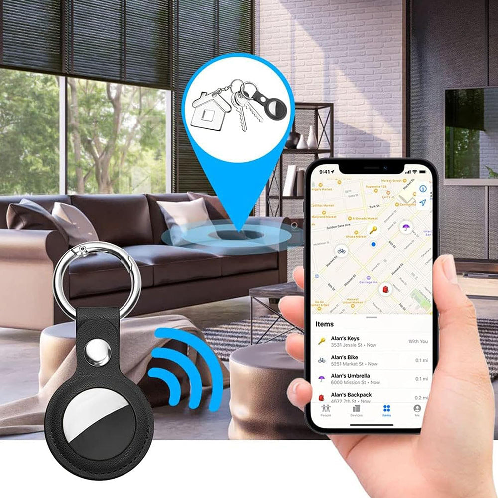 Techsuit - Secure Leather Holder (SLH1) - Apple AirTag Case, with Metal Ring - Black