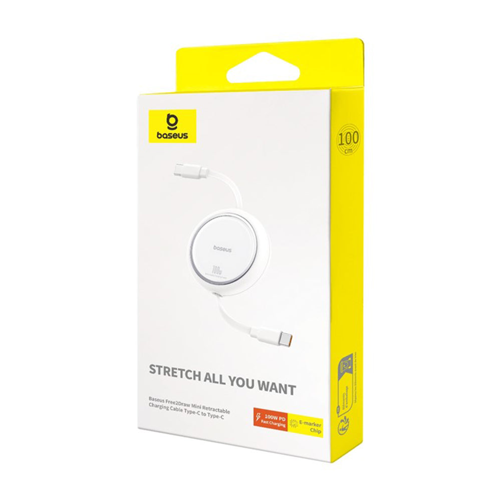 Baseus - Data Cable Free2Draw Mini (P10364500211-00) - Type-C to Type-C, 100W, 1m, Retractable - Moon White