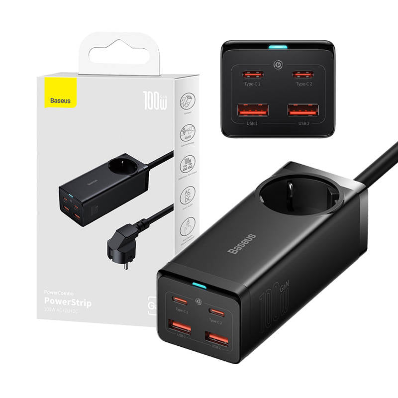Baseus - Wall Charger/Powerstrip (PSZM000401) - GaN3 Pro, 2xUSB, 2xUSB-C, AC, 100W - Black