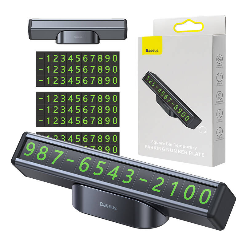 Baseus - Parking Number Plate (CNFT000001) - Square Bar, Fluorescent Digits, 3M Adhesive, Aluminum Alloy - Black
