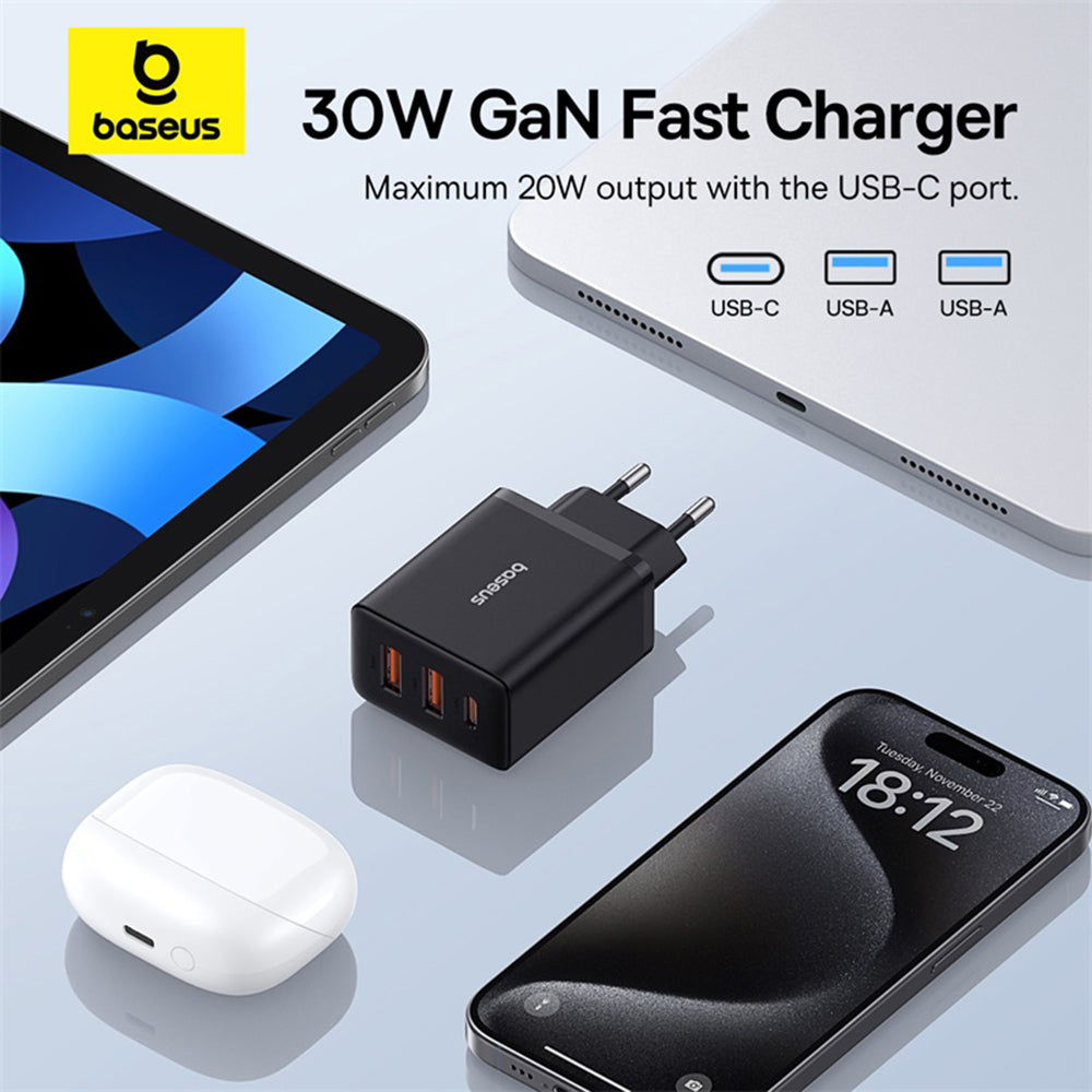 Baseus - Wall Charger (P10111402113-00) - GaN, 2x USB, Type-C, Fast Charging, 30W - Cluster Black