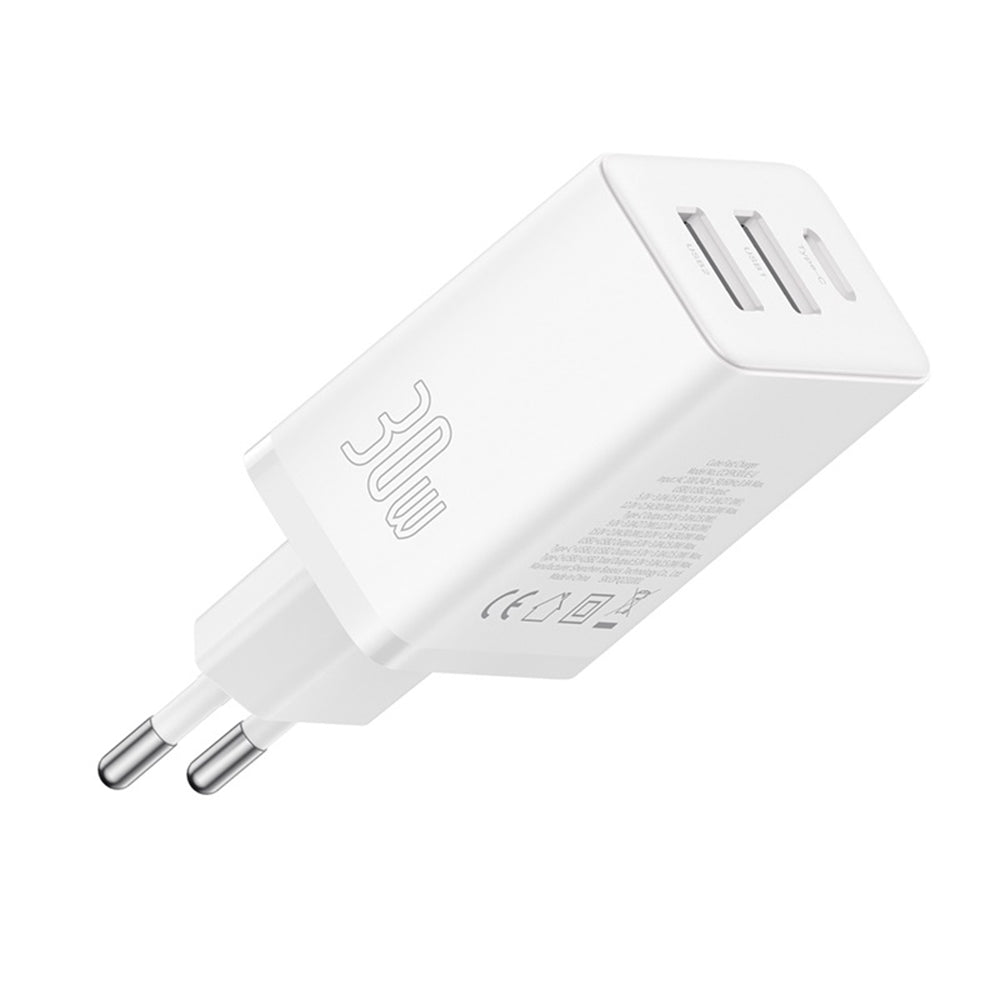 Baseus - Wall Charger (P10111402213-00) - GaN, 2x USB, Type-C, Fast Charging, 30W - White