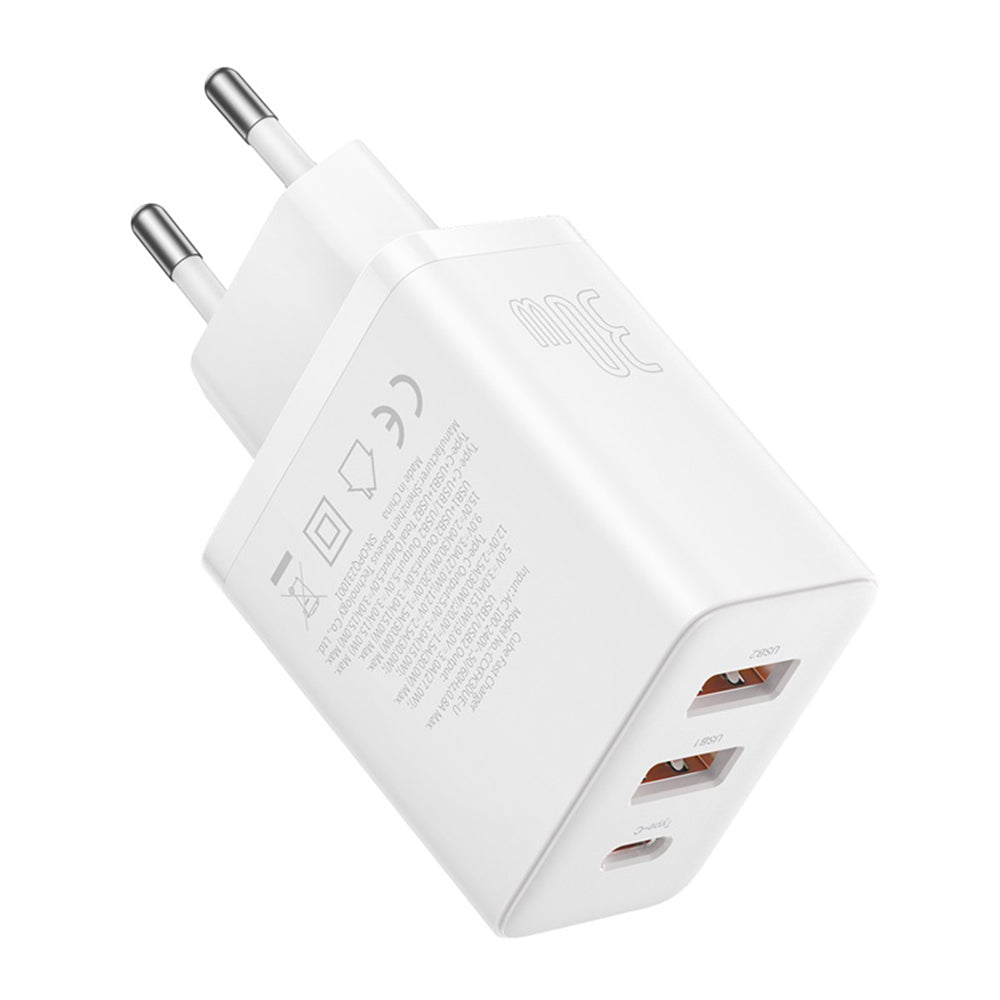 Baseus - Wall Charger (P10111402213-00) - GaN, 2x USB, Type-C, Fast Charging, 30W - White