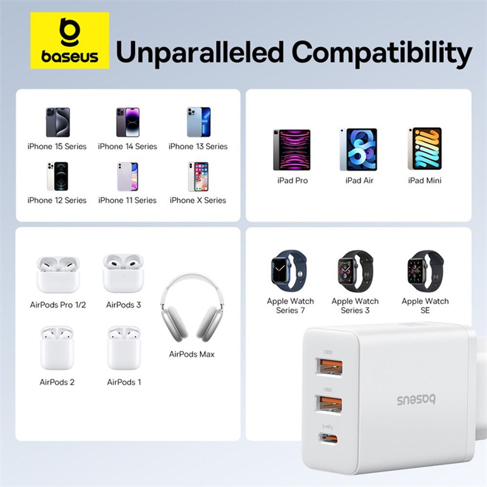 Baseus - Wall Charger (P10111402213-00) - GaN, 2x USB, Type-C, Fast Charging, 30W - White