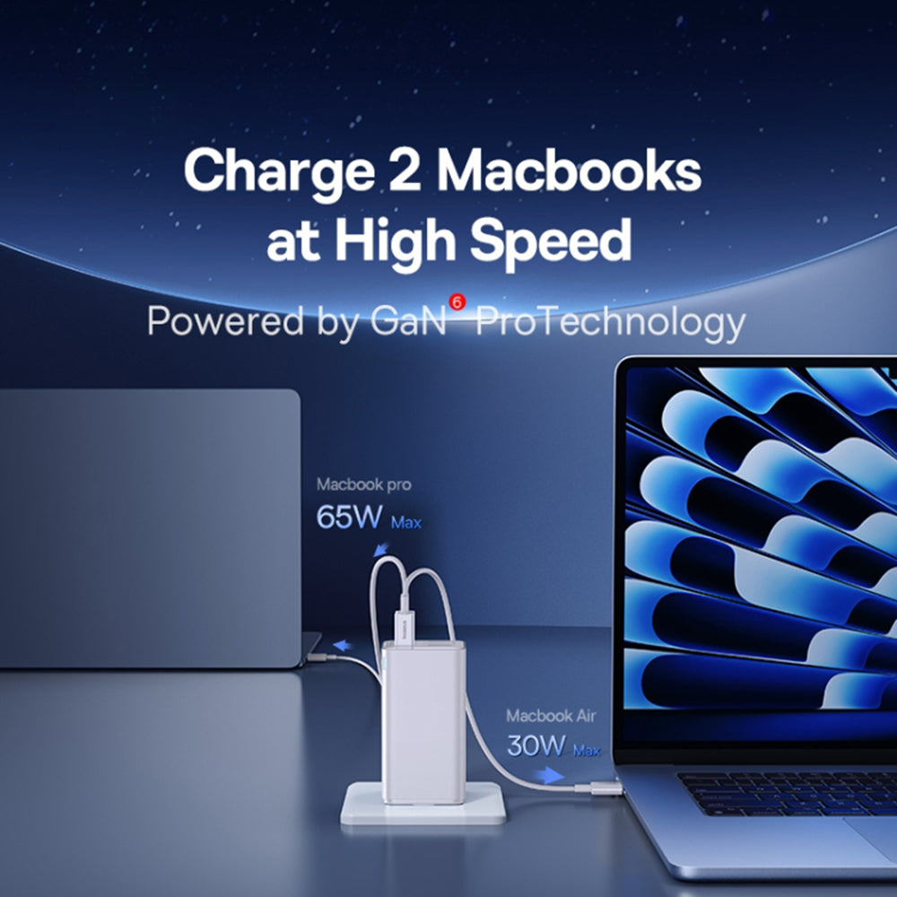 Baseus - Wall Charger GaN6 Pro (P10162705212-00) - Type-C Cable Included, 2x USB, 2x Type-C, 100W, 100W, 20V, 5A, 1m - White