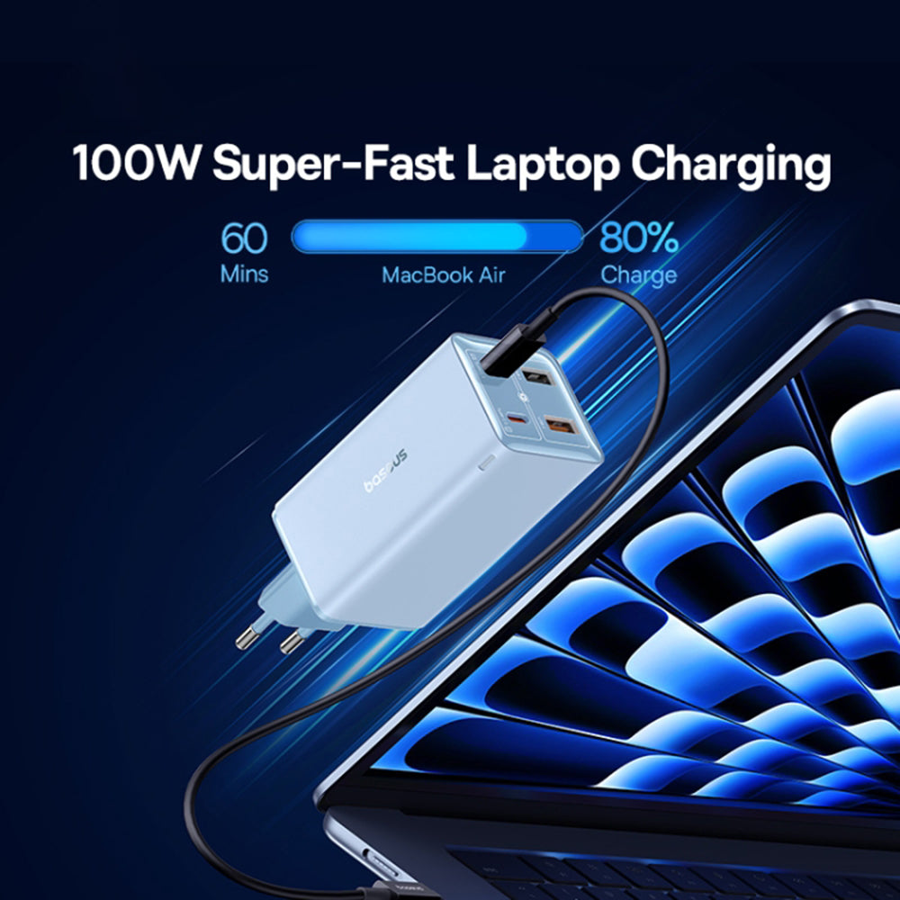 Baseus - Wall Charger GaN6 Pro (P10162705312-00) - Type-C Cable Included, 2x USB, 2x Type-C, 100W, 100W, 20V, 5A, 1m - Blue