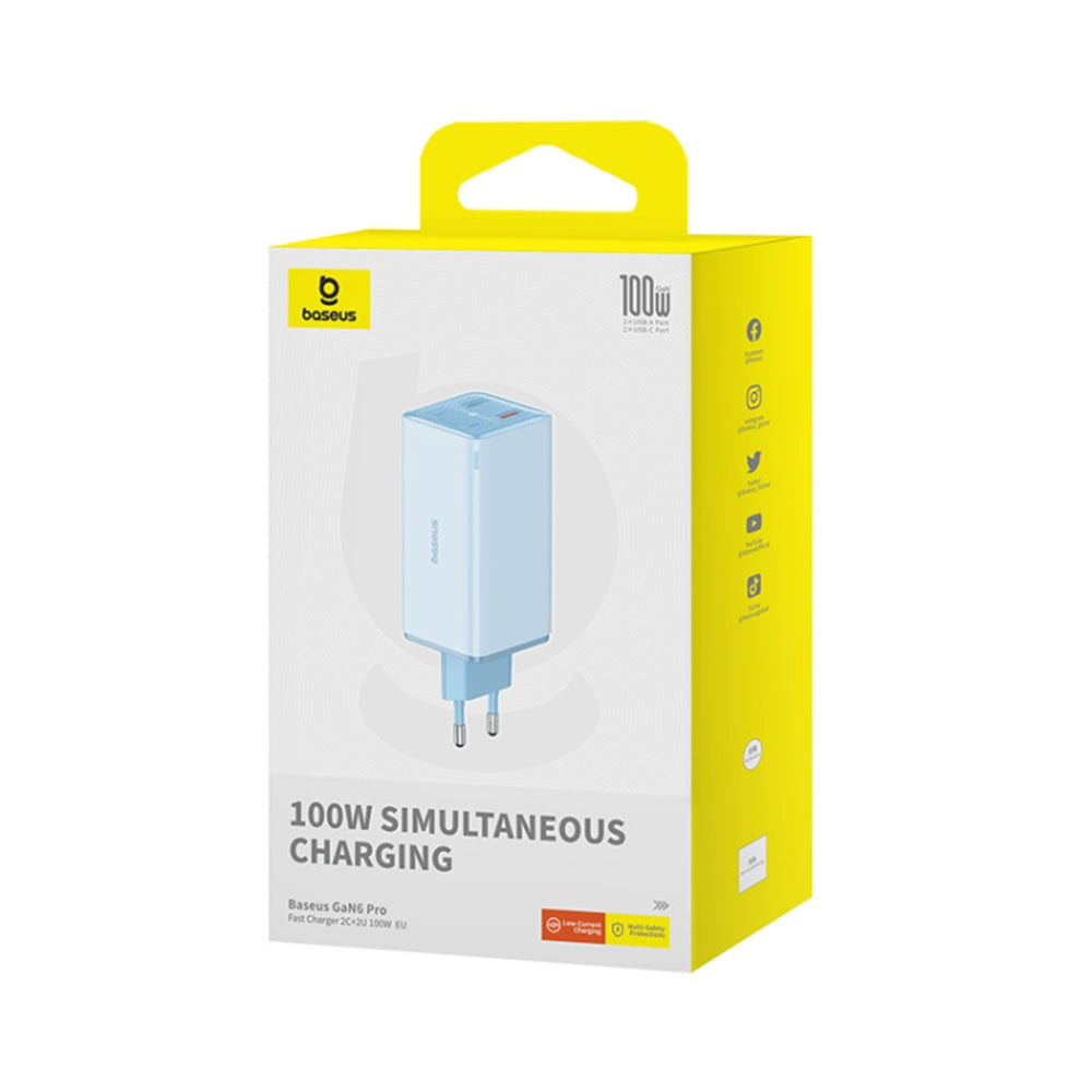 Baseus - Wall Charger GaN6 Pro (P10162705312-00) - Type-C Cable Included, 2x USB, 2x Type-C, 100W, 100W, 20V, 5A, 1m - Blue