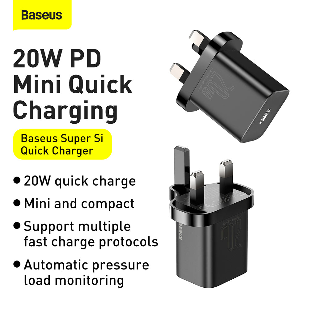 Baseus - Wall Charger Super Si (CCSUP-K01) - UK Plug, Type-C, Quick Charge 20W - Black