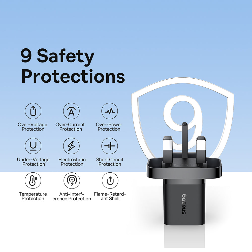 Baseus - Wall Charger (P10110907113-00) - UK Plug, Type-C, GaN5, Quick Charge 20W - Black