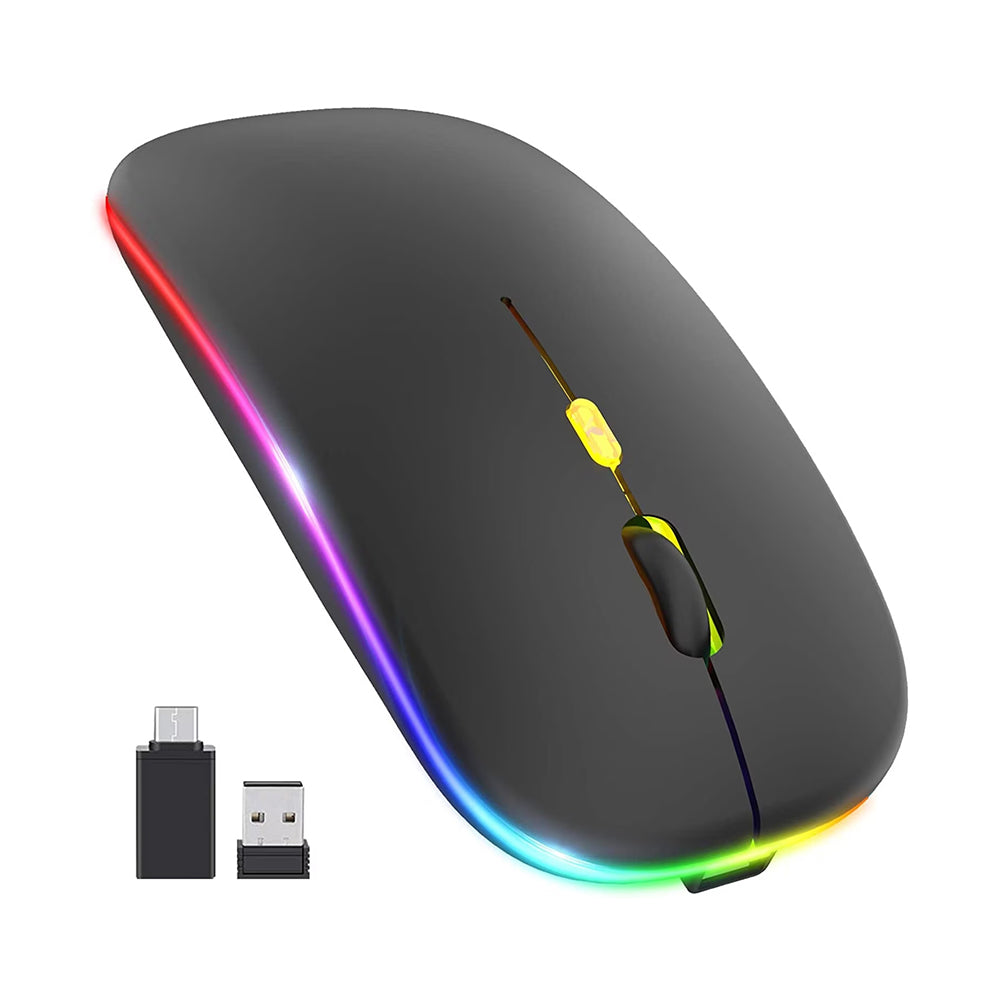Techsuit - Wireless Mouse (M1) - for Gaming, LED RGB, Silent, Bluetooth 5.2, 2.4G, 1600 DPI with USB-C Charging Cable - Black