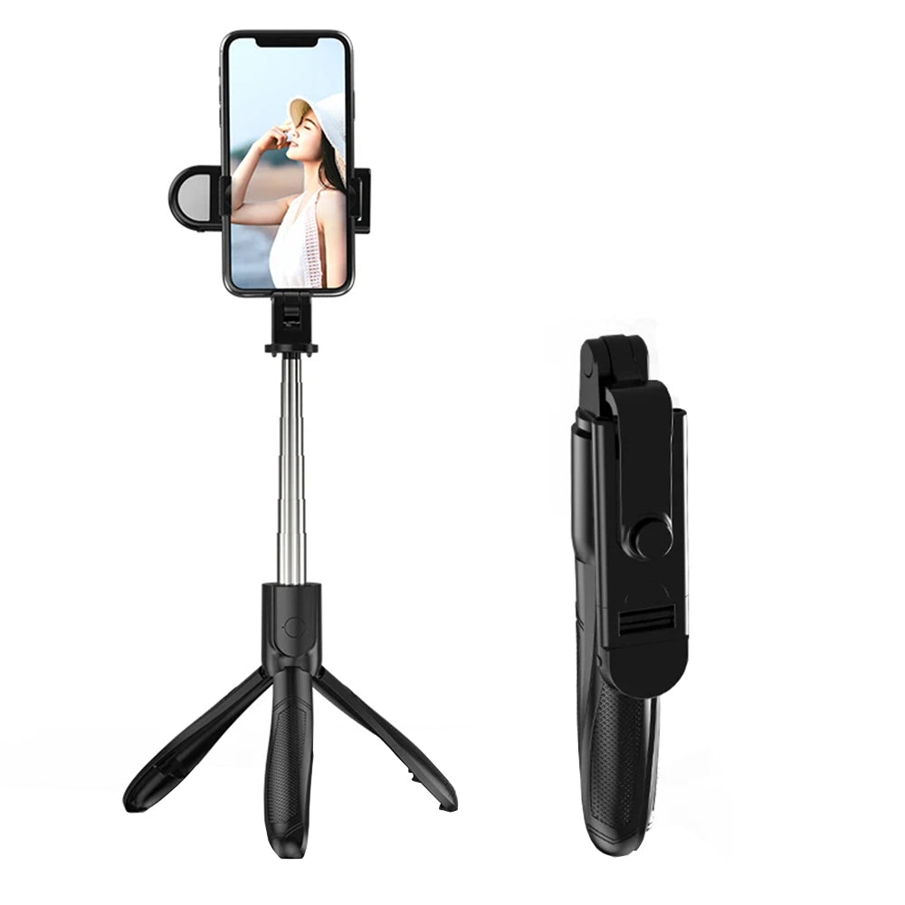 Techsuit - Selfie Stick (S01-S) - Compact Tripod Mount with Bluetooth Remote Control, LED Fill Light, Foldable, 70cm - Black