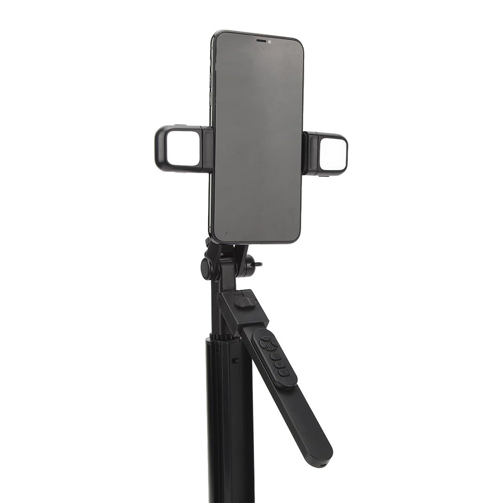 Techsuit - Selfie Stick (K30S) - Compact Tripod Mount, Bluetooth Remote Control, Double LED Light, Foldable, 167cm - Black