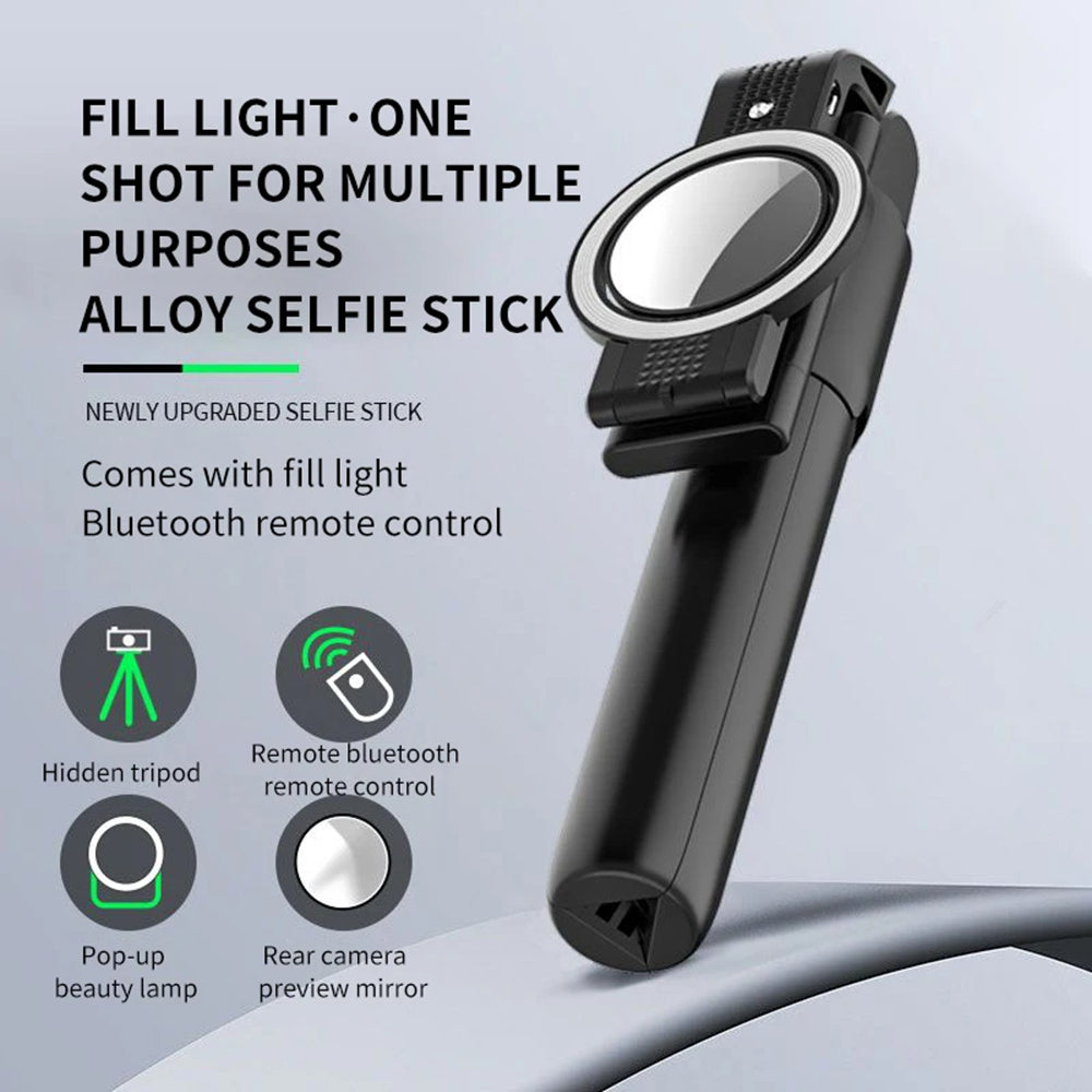 Techsuit - Selfie Stick (K13) - Compact Tripod Mount with Bluetooth Remote Control, LED Beauty Light, Foldable, 84cm - Black