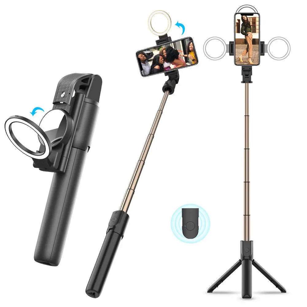 Techsuit - Selfie Stick (K13) - Compact Tripod Mount with Bluetooth Remote Control, LED Beauty Light, Foldable, 84cm - Black