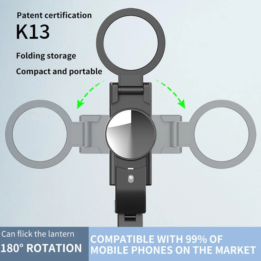 Techsuit - Selfie Stick (K13) - Compact Tripod Mount with Bluetooth Remote Control, LED Beauty Light, Foldable, 84cm - Black