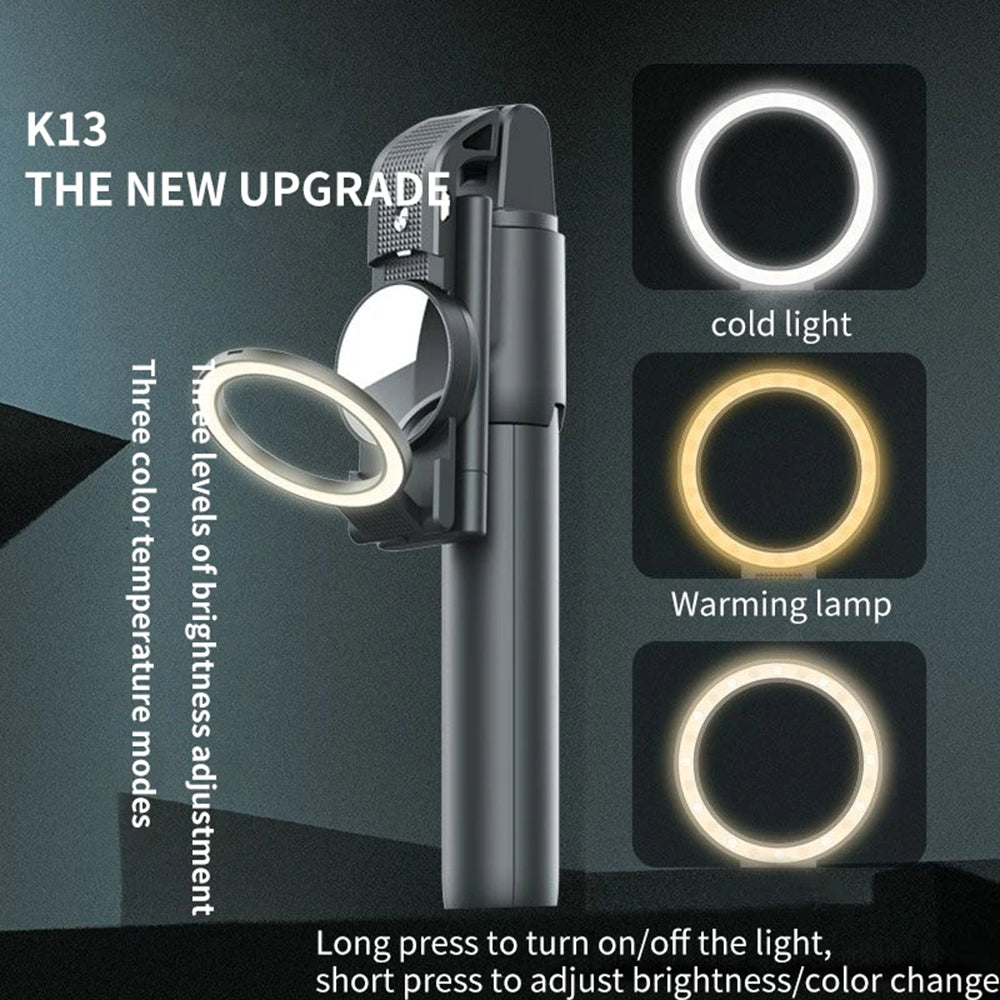 Techsuit - Selfie Stick (K13) - Compact Tripod Mount with Bluetooth Remote Control, LED Beauty Light, Foldable, 84cm - Black