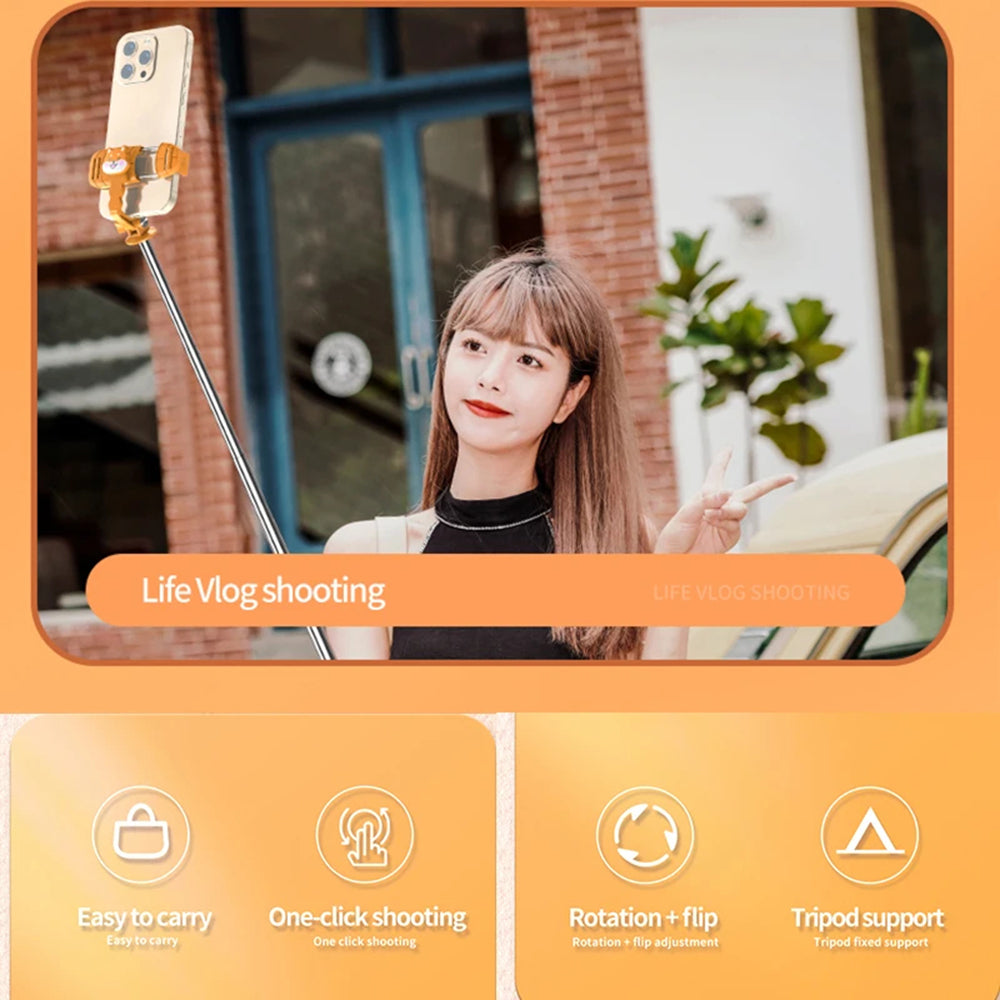 Techsuit - Mini Selfie Stick (KT01) - Compact Tripod Mount with Detachable Remote Control, 70cm - Orange