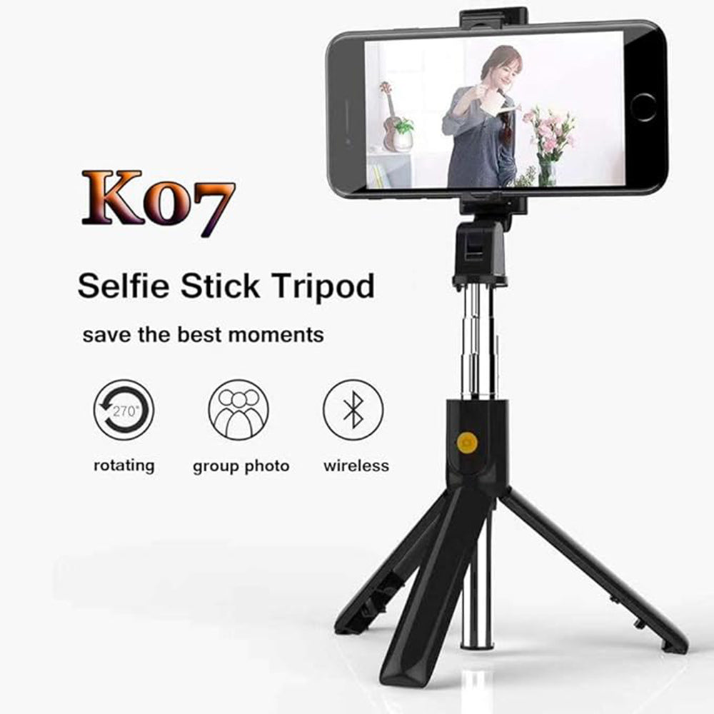 Techsuit - Selfie Stick (K07) - Compact Tripod Mount with Bluetooth Remote Control, Foldable, 70cm - Black