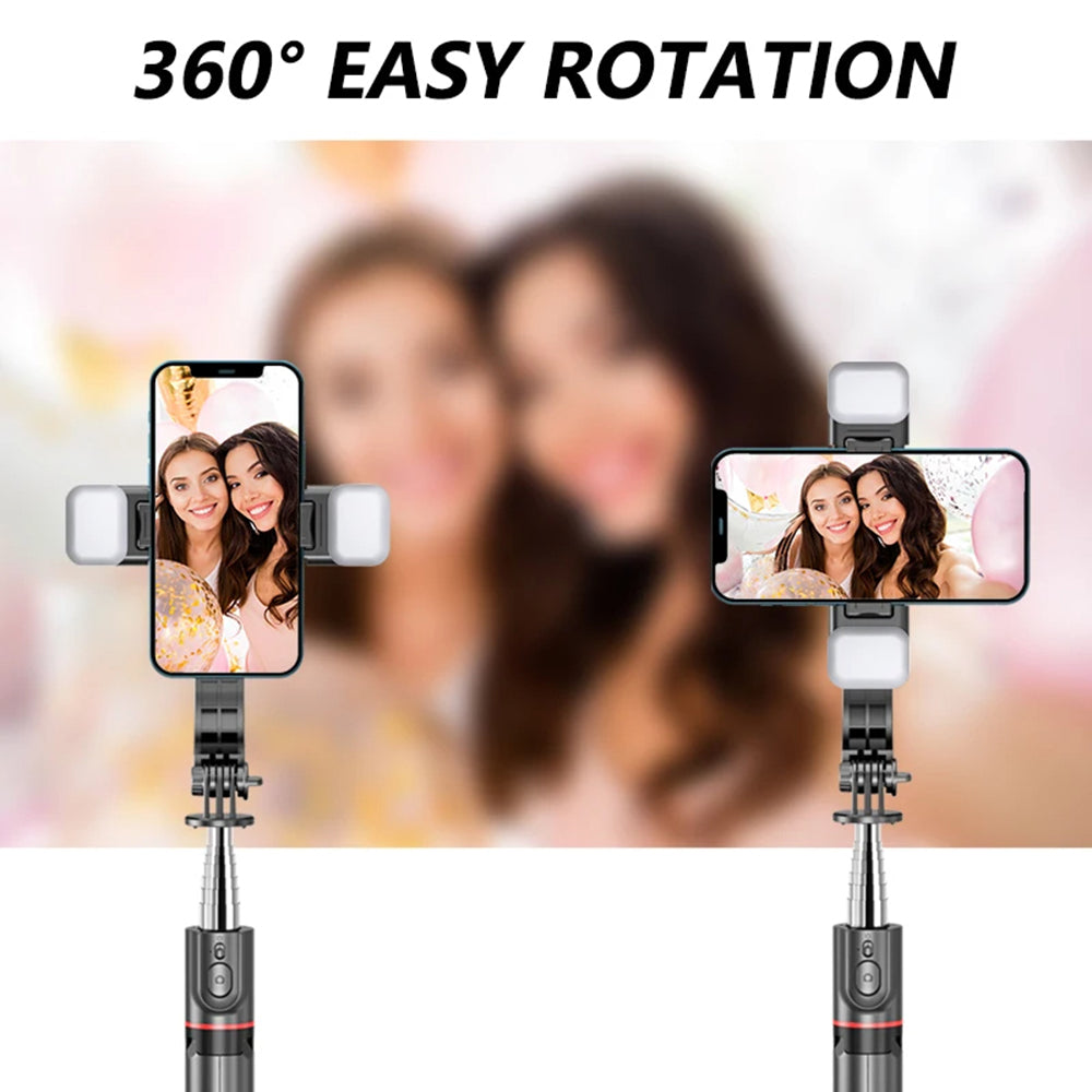 Techsuit - Selfie Stick (L13d) - Stable Tripod with Double Fill Light, Bluetooth Remote Control, 360, 116cm - Black