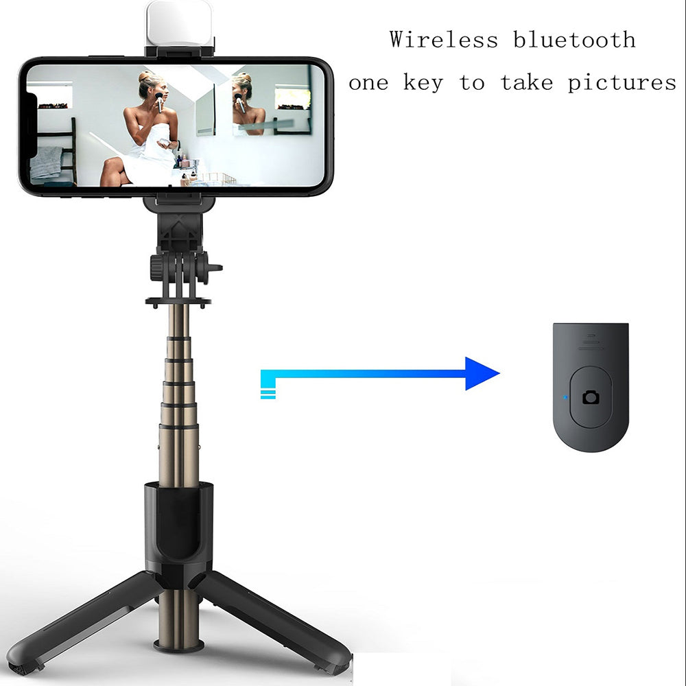 Techsuit - Mini Selfie Stick (L11s) - Stable Tripod with Bluetooth Remote Control and LED Light, 75cm - Black