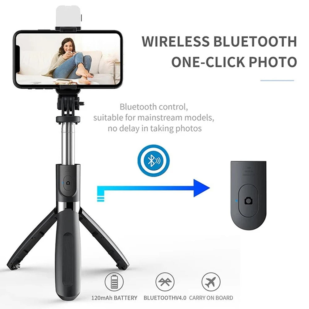 Techsuit - Selfie Stick (L02s) - Stable Tripod with Bluetooth Remote Control and Fill Light, Stainless Steel, 104cm - Black