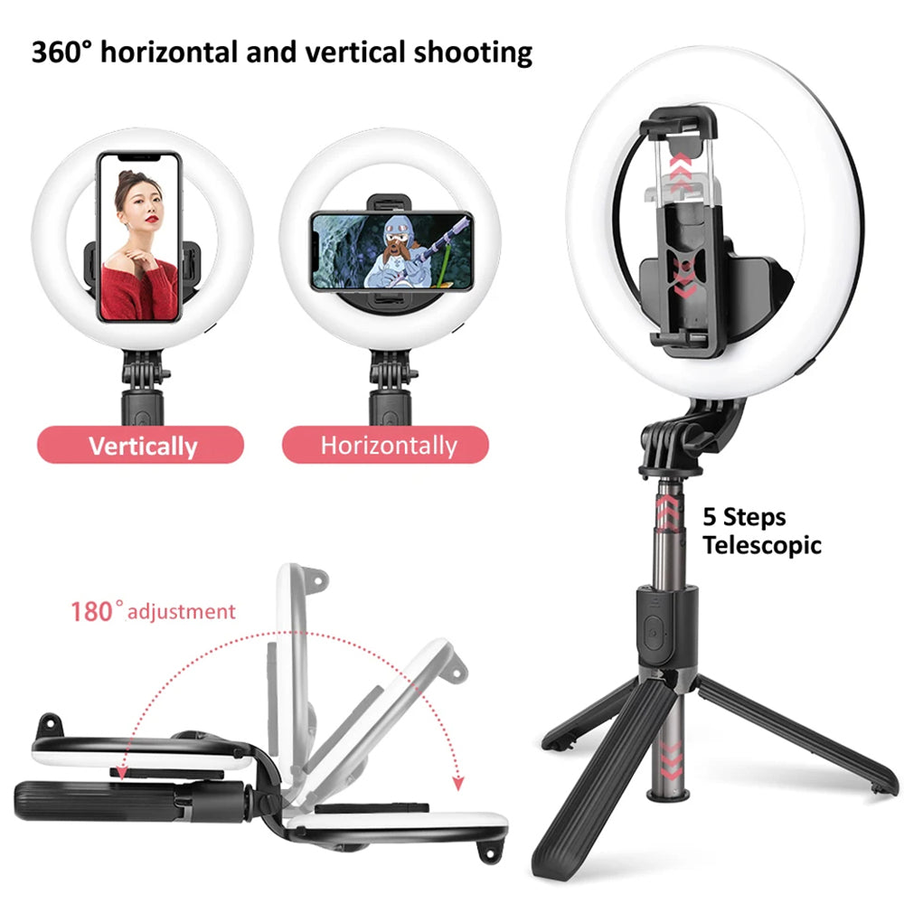 Techsuit - Selfie Stick (L07) - Stable Tripod with Bluetooth Remote Control and Beauty Ring Light, 90cm - Black