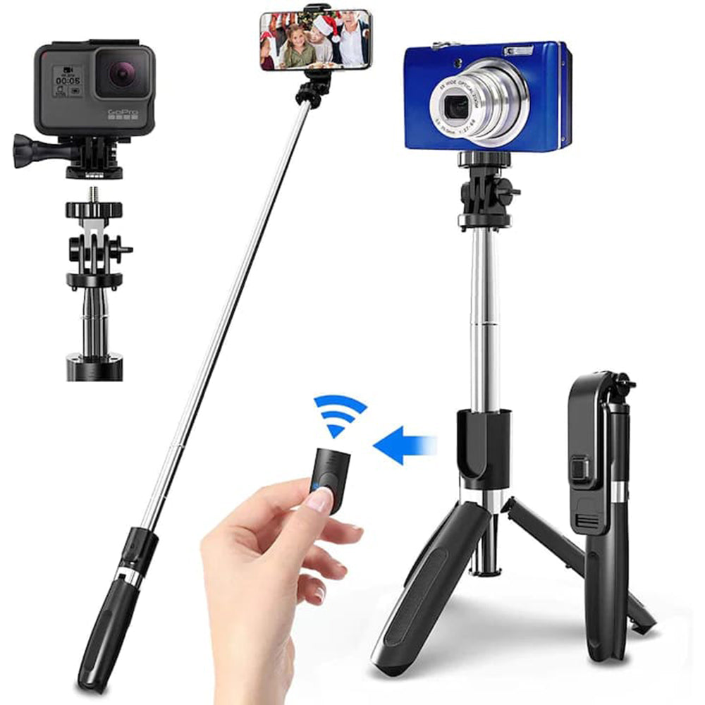 Techsuit - Selfie Stick (L02) - Stable Tripod with Bluetooth Remote Control, GoPro Compatible, 360 Rotation, 100cm - Black