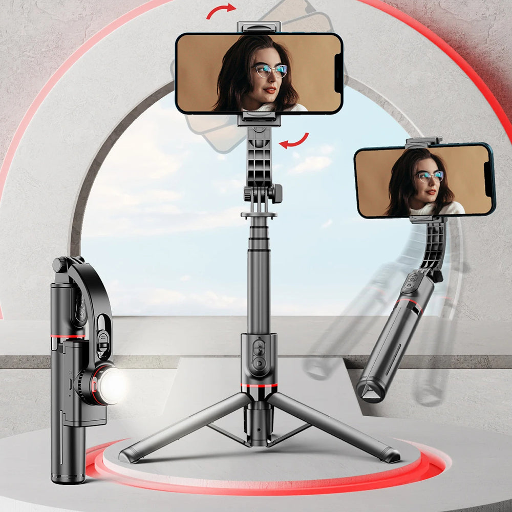 Techsuit - Selfie Stick (L19s) - Stable Gimbal/Tripod with Bluetooth Remote Control, Fill Light, 360 Rotation, 70cm - Black