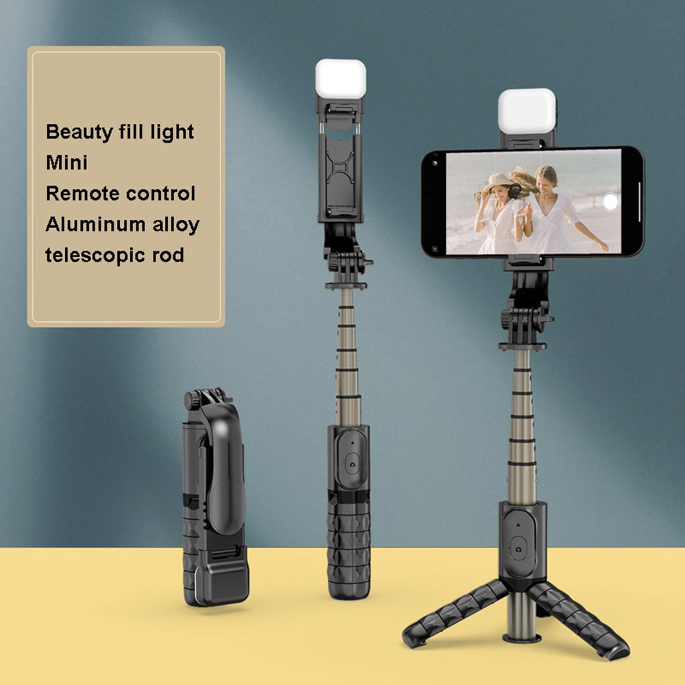 Techsuit - Mini Selfie Stick (Q10s) - Stable Tripod with Bluetooth Remote Control, Fill Light, 360 Rotation, 70cm - Black
