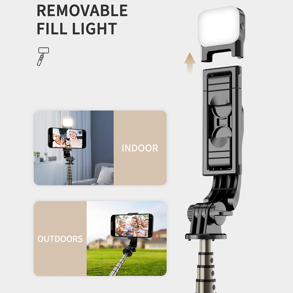 Techsuit - Mini Selfie Stick (Q10s) - Stable Tripod with Bluetooth Remote Control, Fill Light, 360 Rotation, 70cm - Black