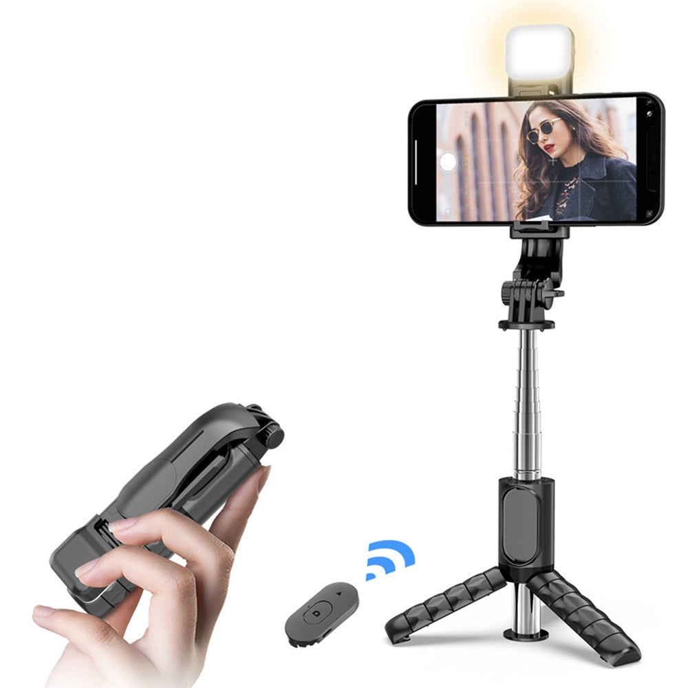 Techsuit - Mini Selfie Stick (Q11s) - Stable Tripod with Bluetooth Remote Control and Fill Light, 360 Rotation, 76cm - Black