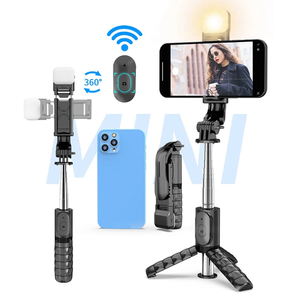 Techsuit - Mini Selfie Stick (Q11s) - Stable Tripod with Bluetooth Remote Control and Fill Light, 360 Rotation, 76cm - Black