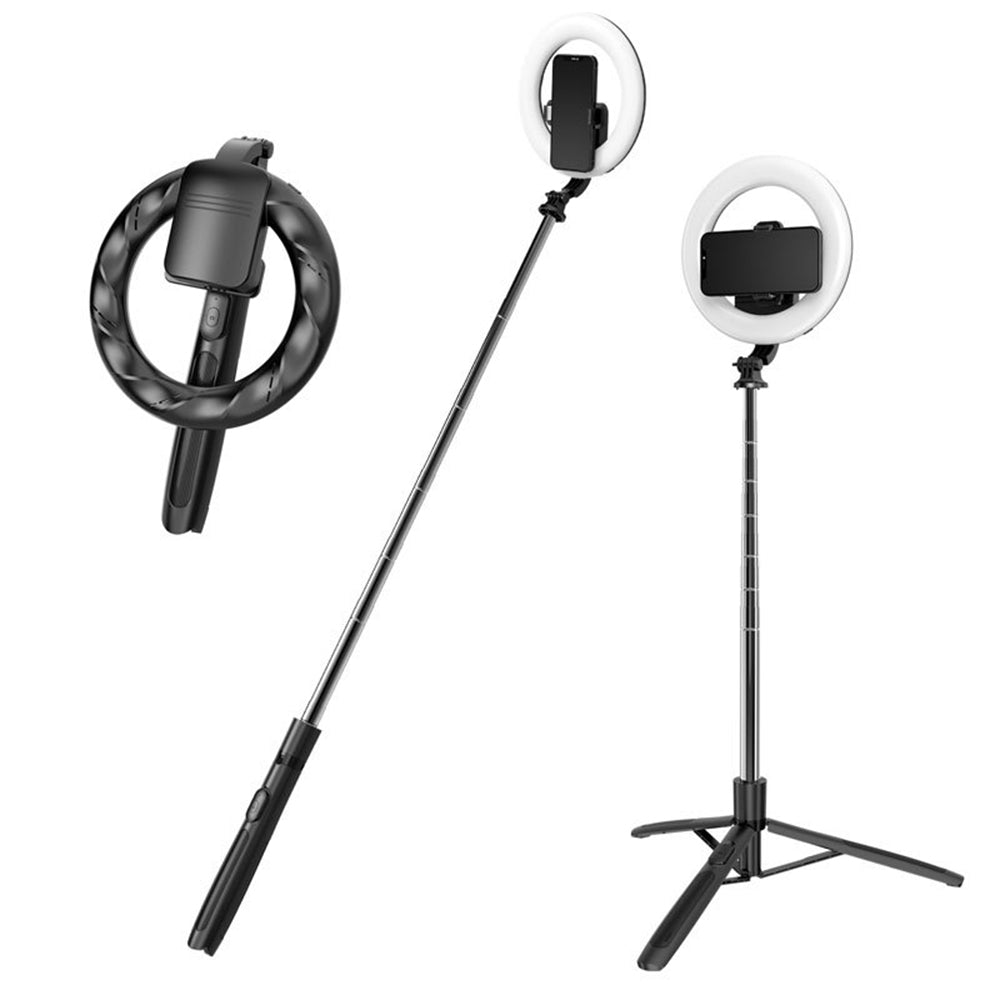 Techsuit - Selfie Stick (Q05s) - Stable Tripod with Bluetooth Remote Control and Ring Light, Stainless Steel, 170cm - Black