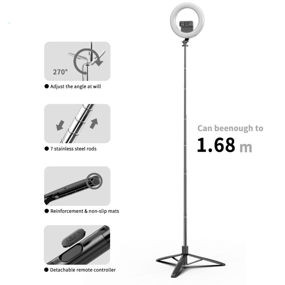 Techsuit - Selfie Stick (Q05s) - Stable Tripod with Bluetooth Remote Control and Ring Light, Stainless Steel, 170cm - Black